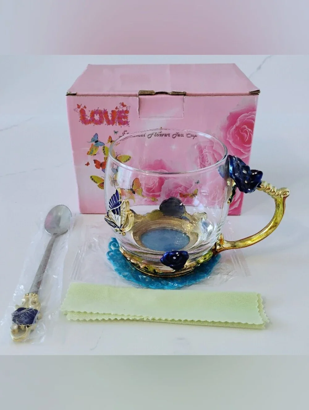 NIB Glass Tea Cup Set w/Enamel Butterfly Accents - Blue & Gold